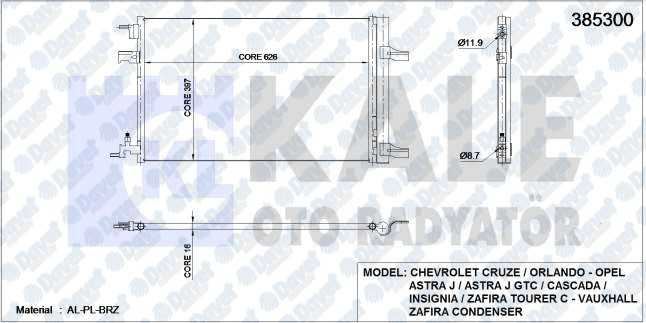 KALE 385300 Klima Radyatoru Astra J 1.7-2.0cdti 10> (A17dtr) (Al/Al) (643x398x16) (Kurutucu Ile)